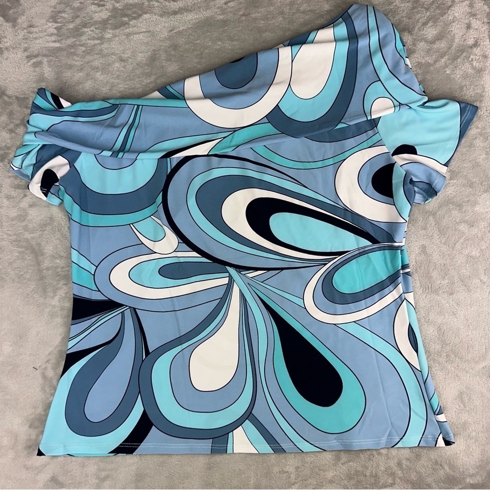 DAVID MEISTER womens large fluid knit blue retro print off the shoulder top NWT - Picture 6 of 8
